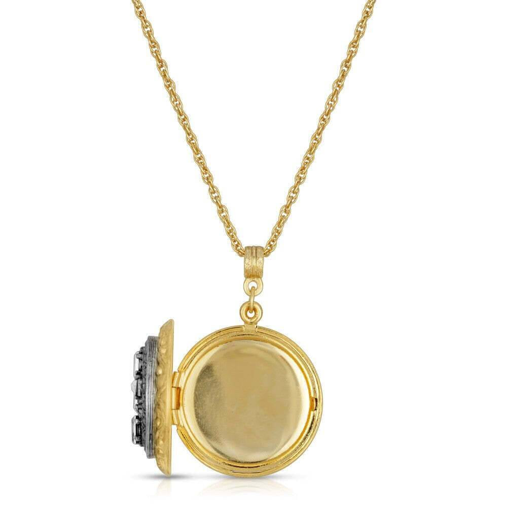 1928 Jewelry Enamel & Baguette Crystal Cross Locket Necklace 16" + 3" Extender