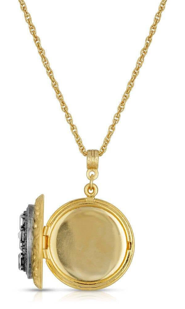 1928 Jewelry Enamel & Baguette Crystal Cross Locket Necklace 16" + 3" Extender