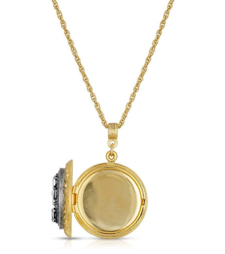 1928 Jewelry Enamel & Baguette Crystal Cross Locket Necklace 16" + 3" Extender