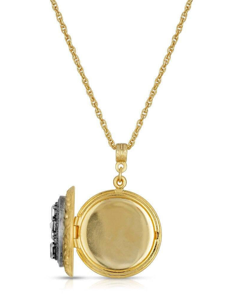 1928 Jewelry Enamel & Baguette Crystal Cross Locket Necklace 16" + 3" Extender