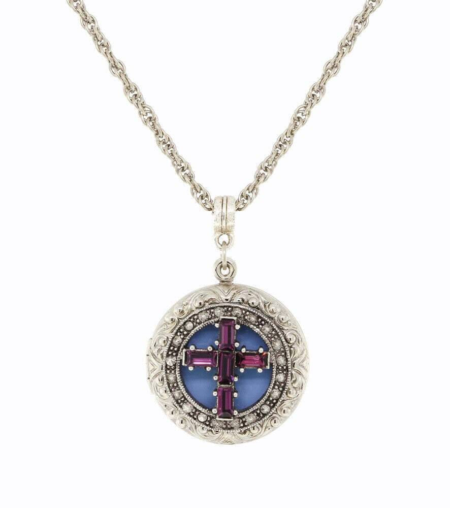1928 Jewelry Enamel & Baguette Crystal Cross Locket Necklace 16" + 3" Extender