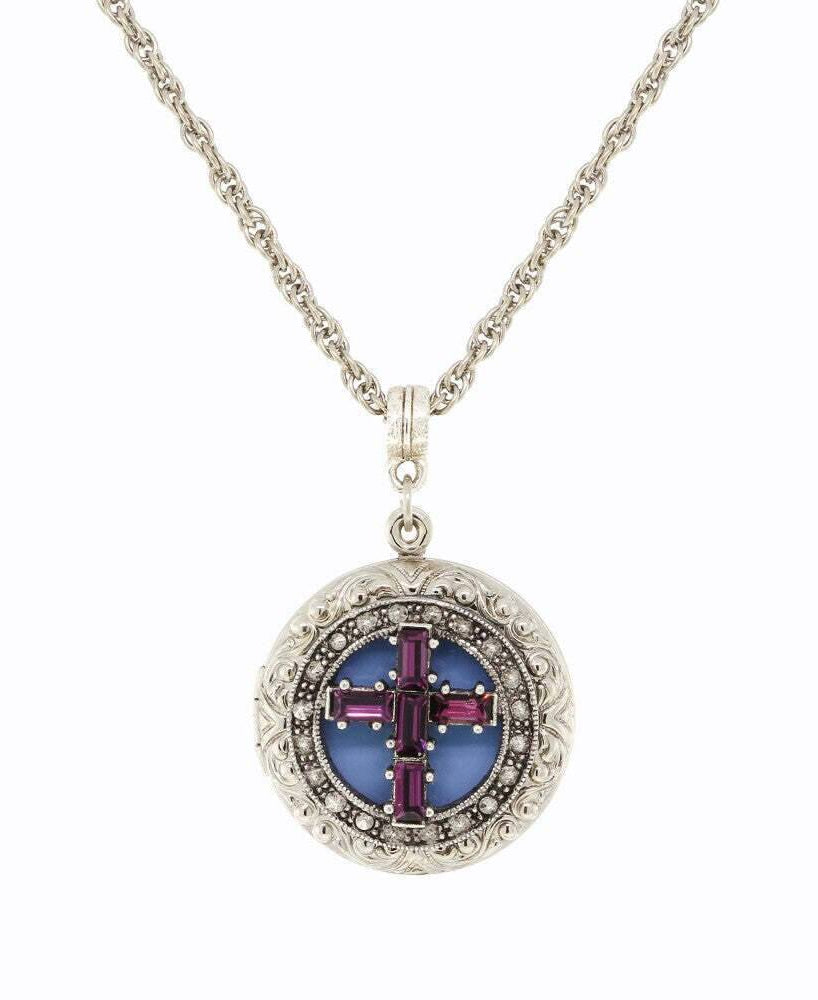 1928 Jewelry Enamel & Baguette Crystal Cross Locket Necklace 16" + 3" Extender