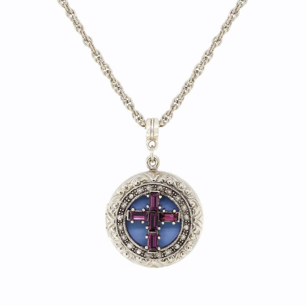 1928 Jewelry Enamel & Baguette Crystal Cross Locket Necklace 16" + 3" Extender