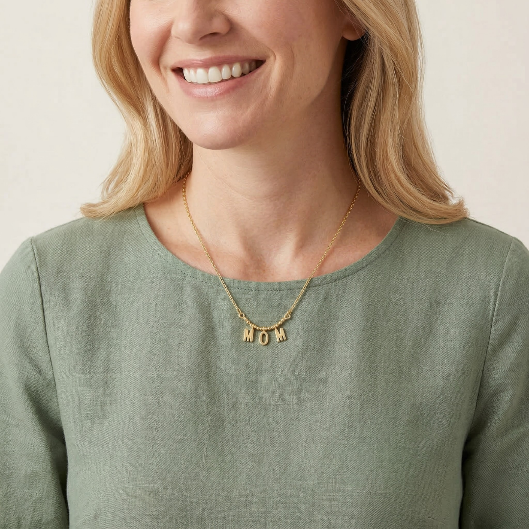 Woman wearing a gold necklace with 'MOM' pendant on a plain background