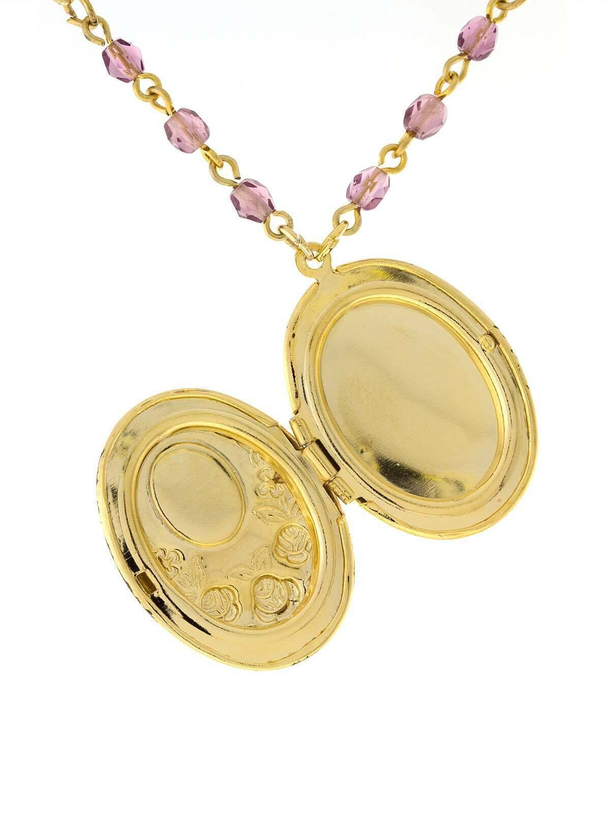 1928 Jewelry Manor House Pink And Purple Flower Beaded Locket Necklace 18" + 3" Extender