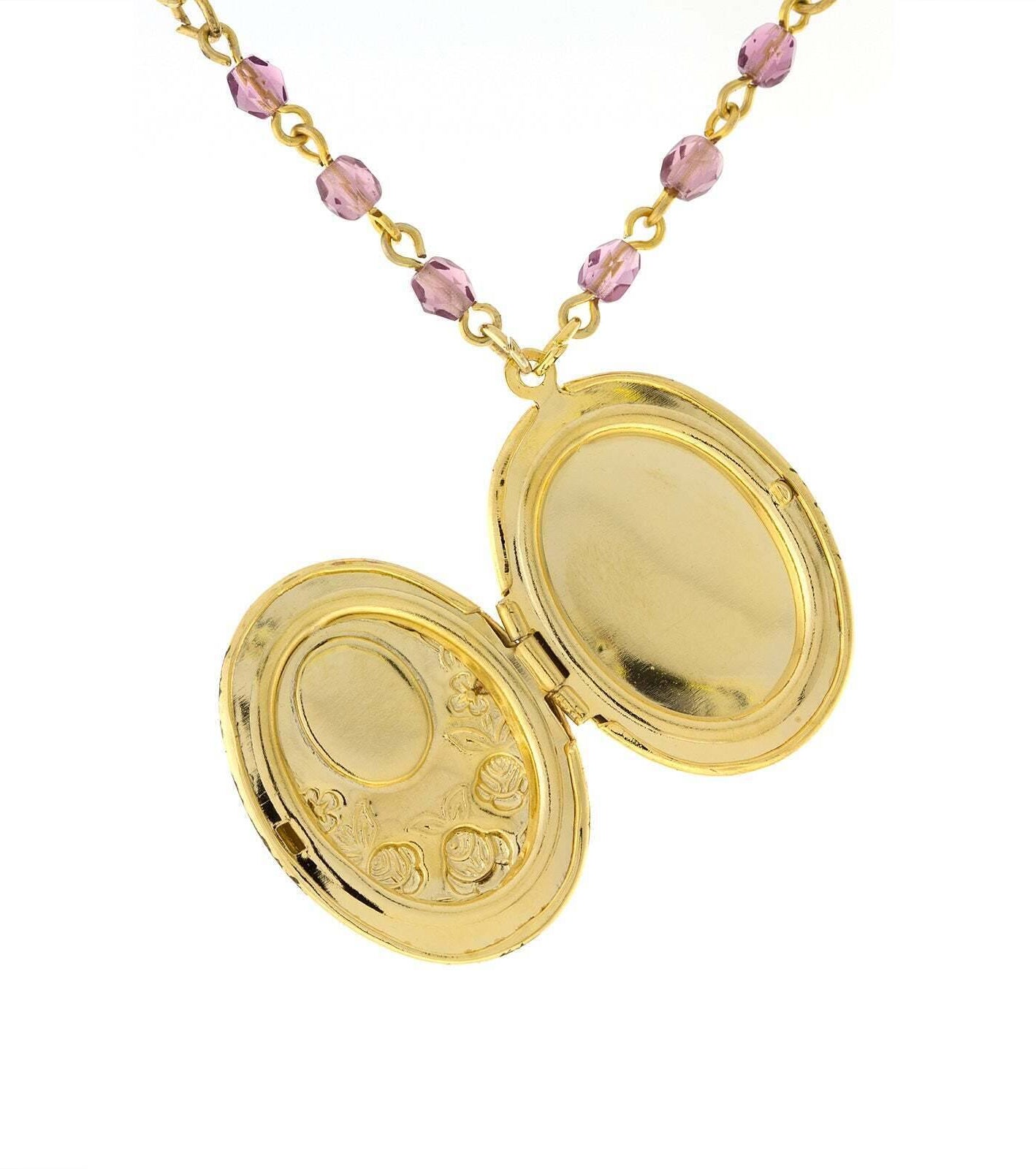 1928 Jewelry Manor House Pink And Purple Flower Beaded Locket Necklace 18" + 3" Extender