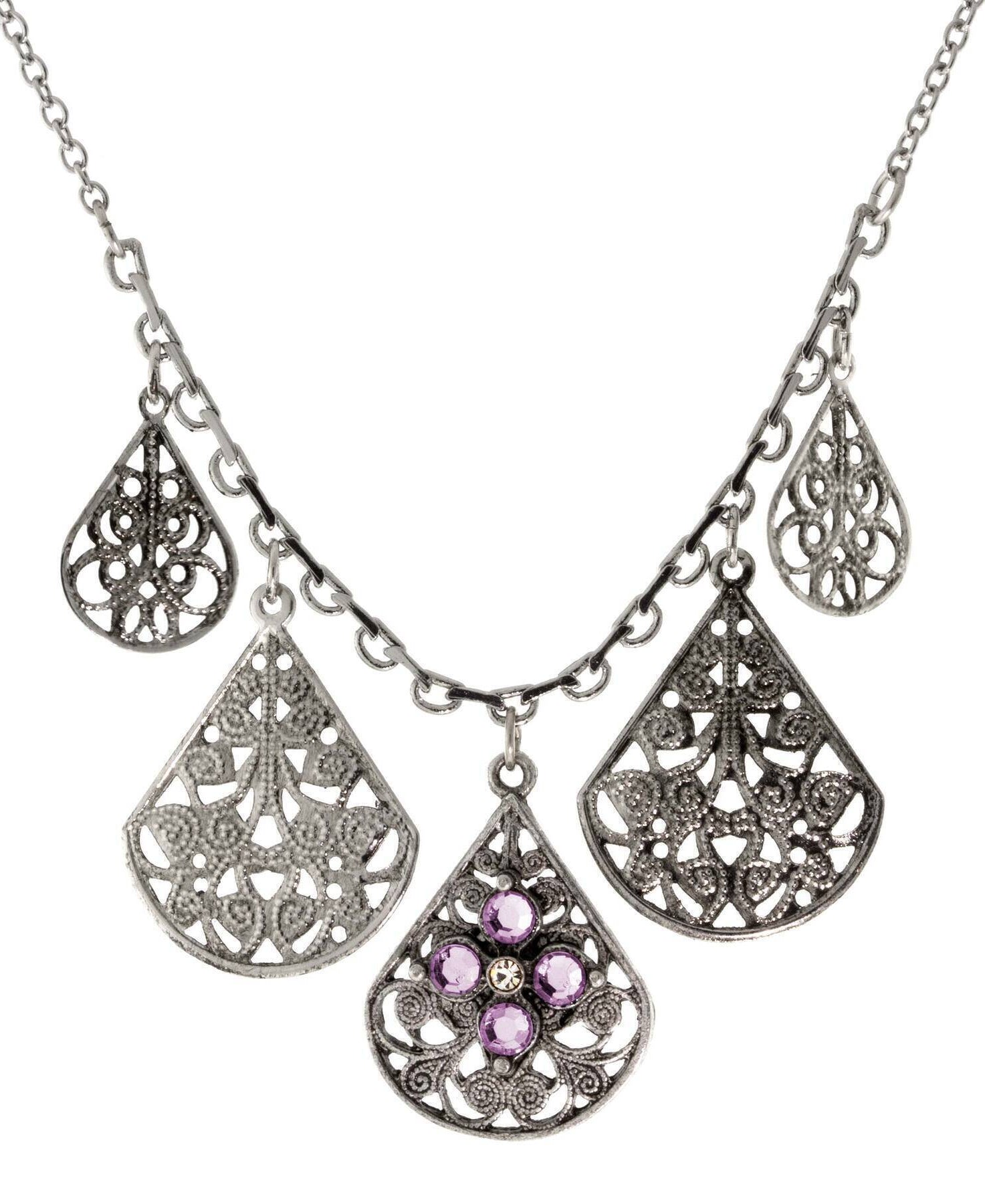 1928 Jewelry Pewter Round Crystal Flower Multi Teardrop Necklace 16" + 3" Extender