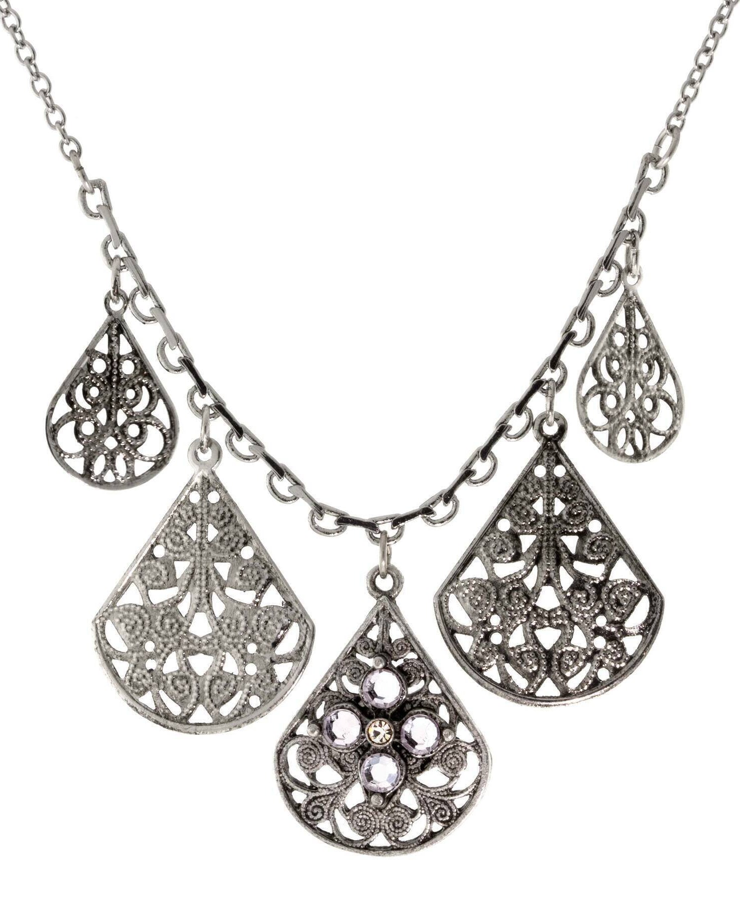1928 Jewelry Pewter Round Crystal Flower Multi Teardrop Necklace 16" + 3" Extender