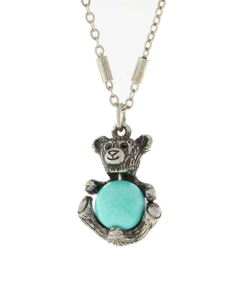 1928 Jewelry Pewter Round Gemstone Teddy Bear Pendant Necklace 16" + 3" Extender