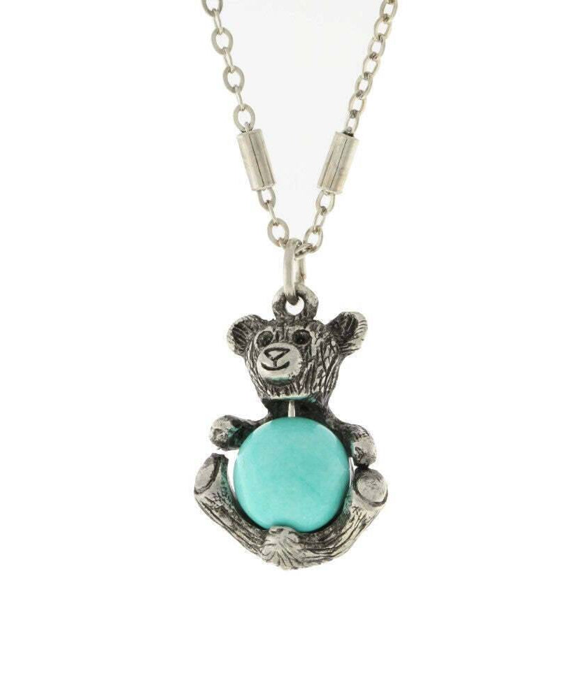 1928 Jewelry Pewter Round Gemstone Teddy Bear Pendant Necklace 16" + 3" Extender
