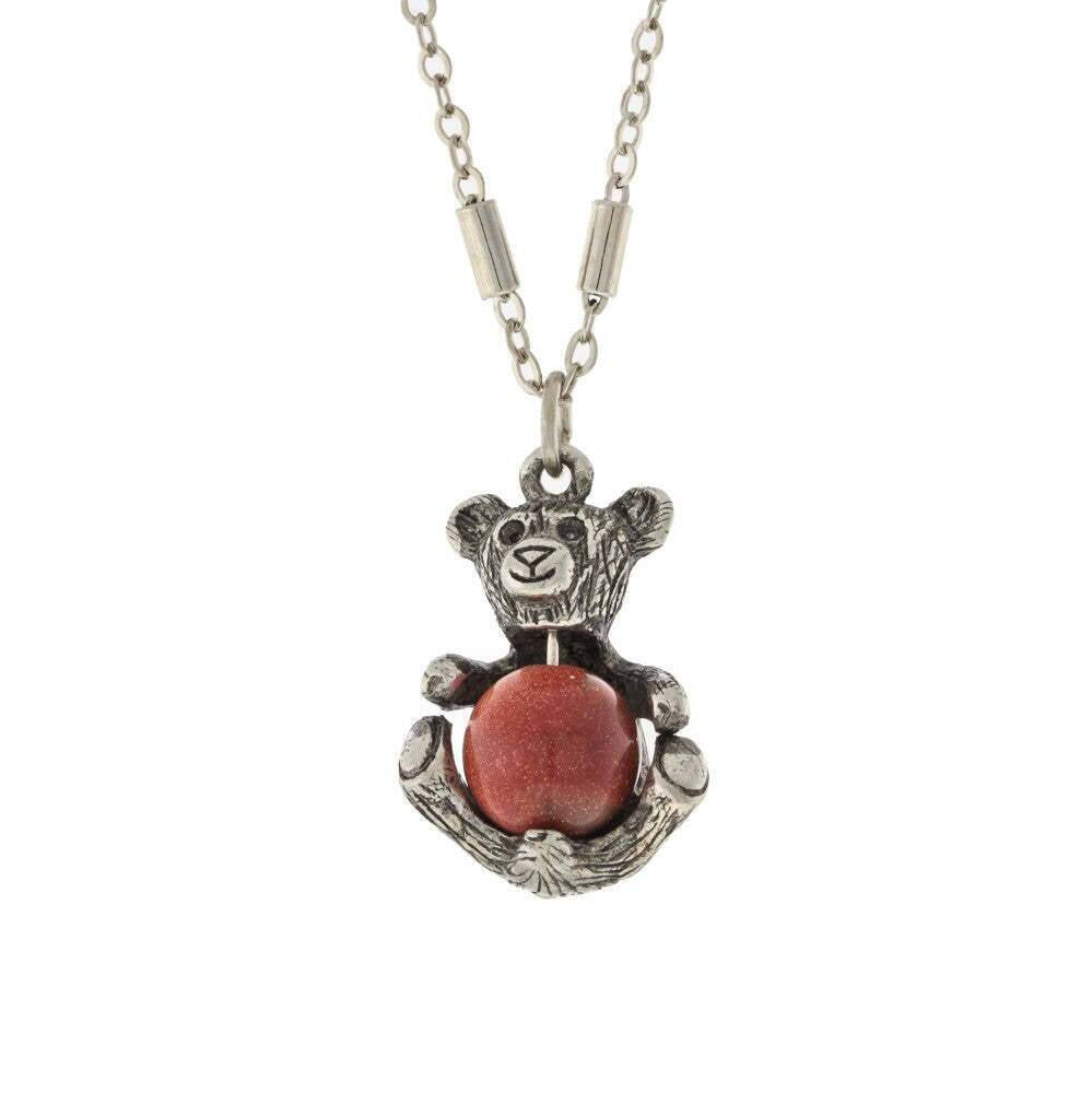 1928 Jewelry Pewter Round Gemstone Teddy Bear Pendant Necklace 16" + 3" Extender