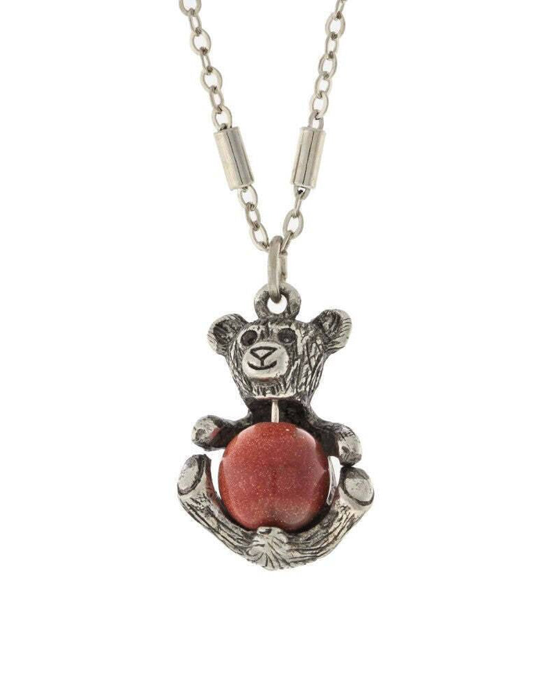 1928 Jewelry Pewter Round Gemstone Teddy Bear Pendant Necklace 16" + 3" Extender