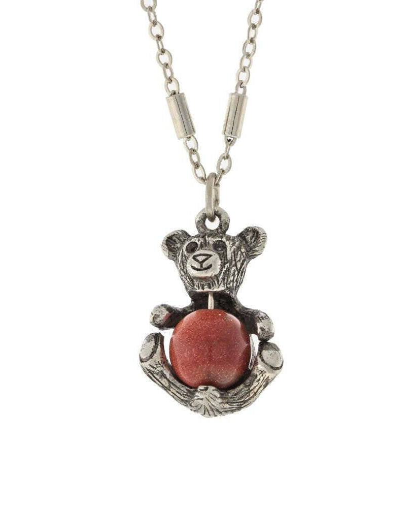 1928 Jewelry Pewter Round Gemstone Teddy Bear Pendant Necklace 16" + 3" Extender