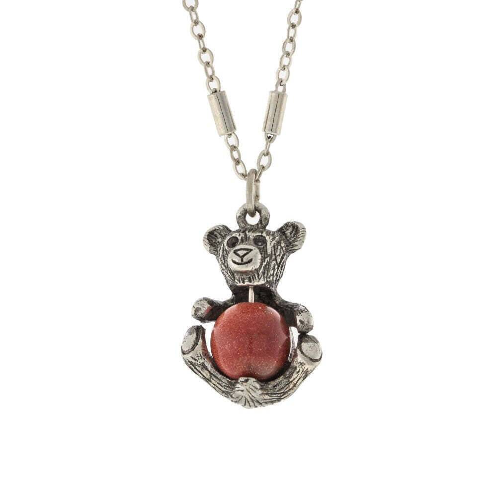 1928 Jewelry Pewter Round Gemstone Teddy Bear Pendant Necklace 16" + 3" Extender