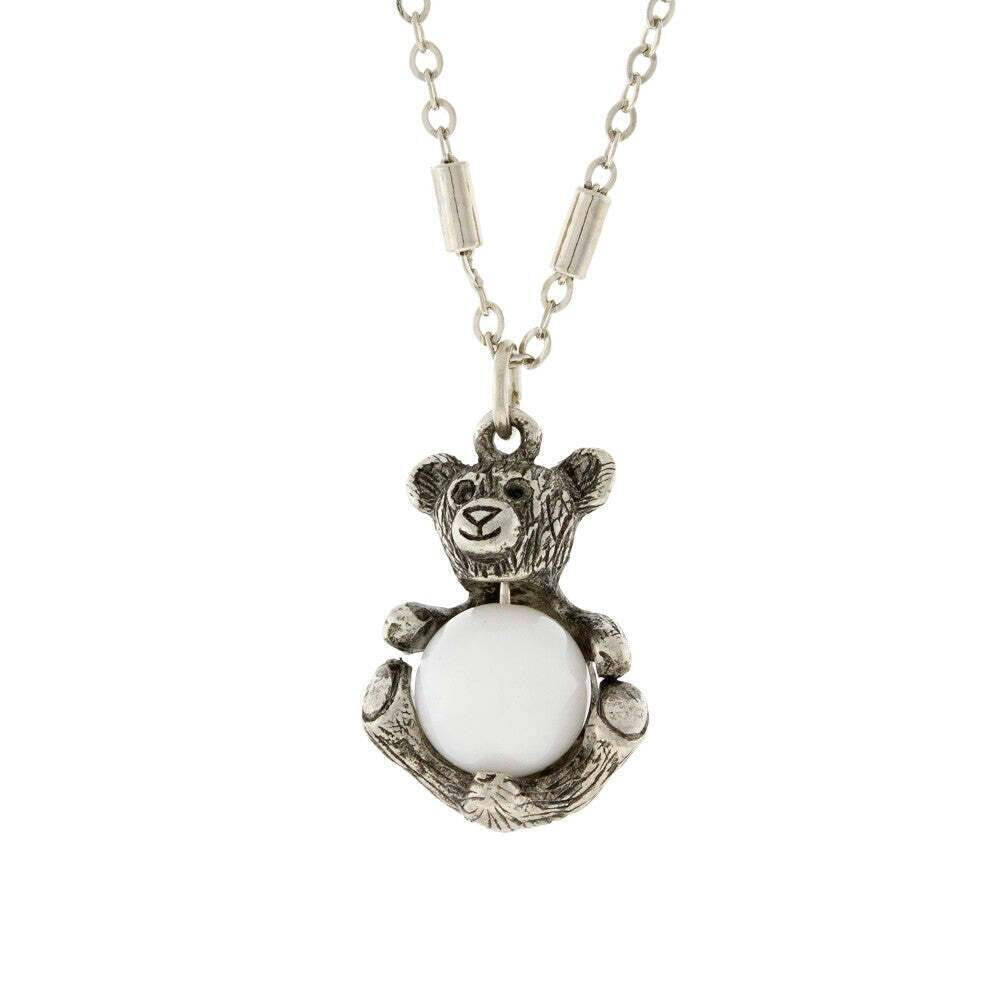 1928 Jewelry Pewter Round Gemstone Teddy Bear Pendant Necklace 16" + 3" Extender