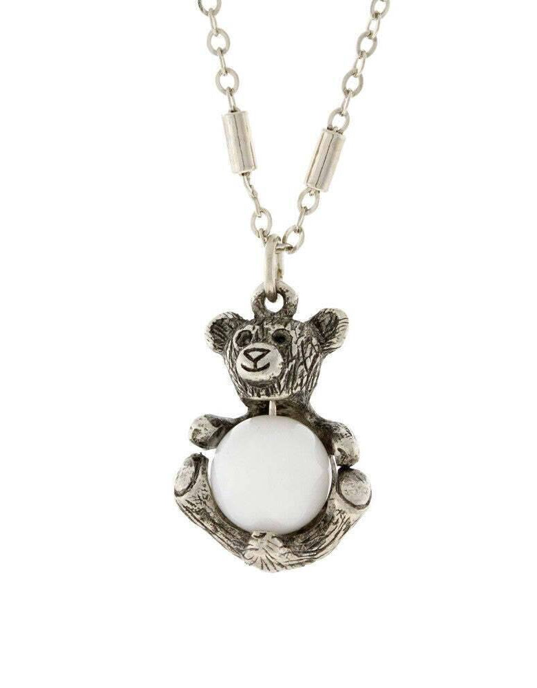 1928 Jewelry Pewter Round Gemstone Teddy Bear Pendant Necklace 16" + 3" Extender