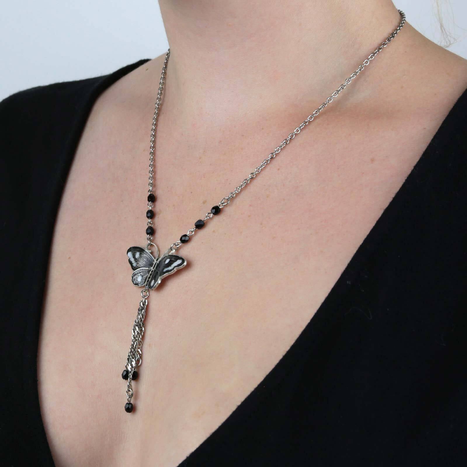 1928 Jewelry Enamel Butterfly Tassel Necklace 16" + 3" Extender