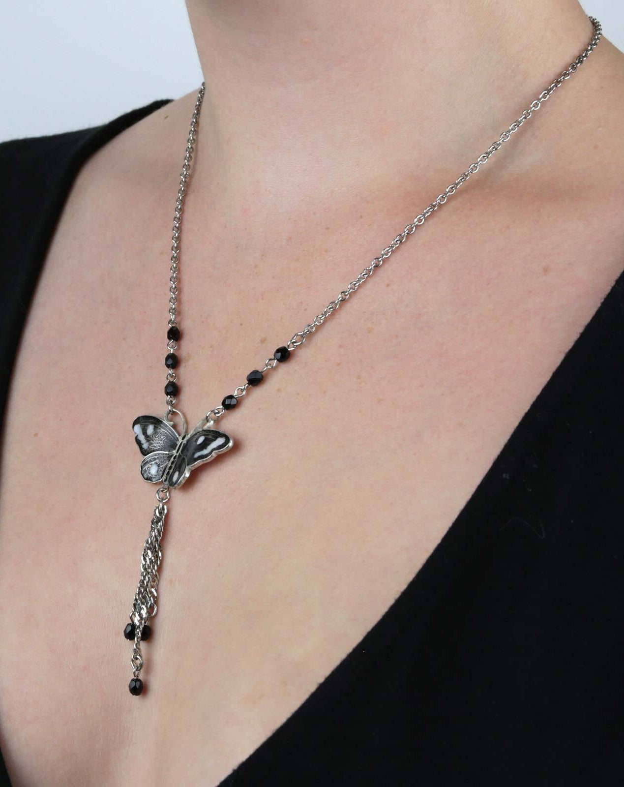 1928 Jewelry Enamel Butterfly Tassel Necklace 16" + 3" Extender