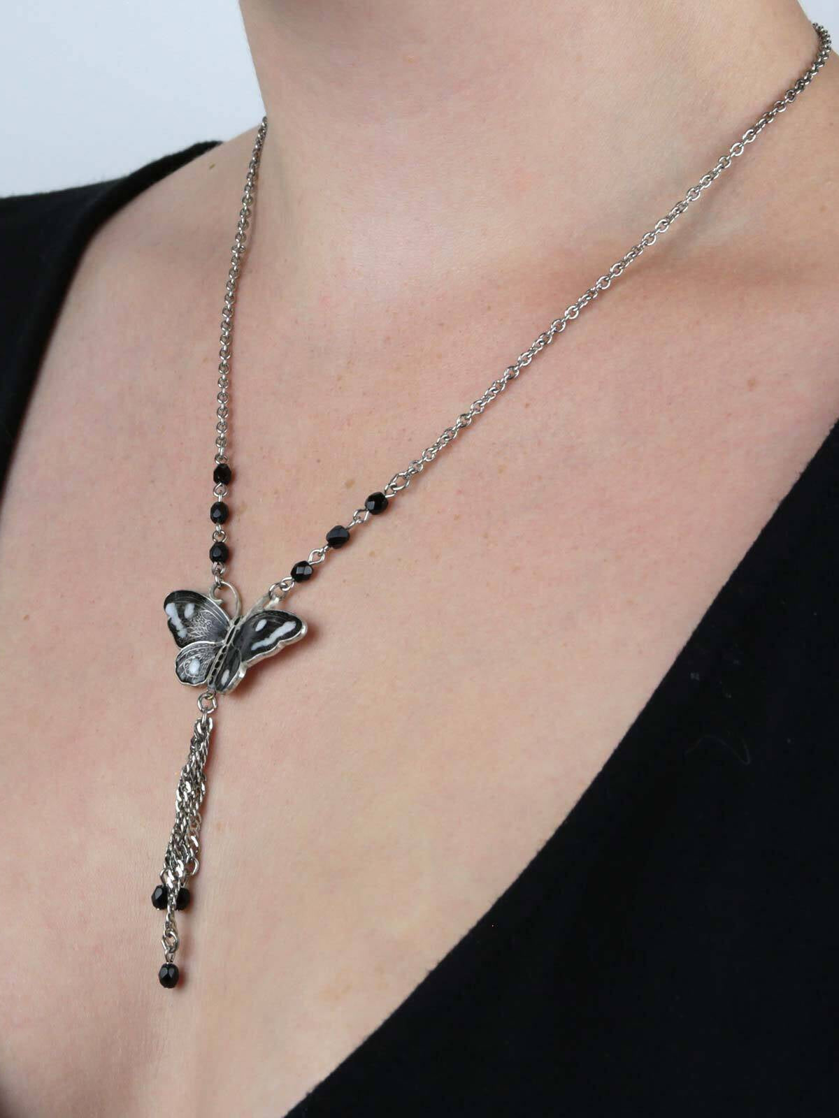 1928 Jewelry Enamel Butterfly Tassel Necklace 16" + 3" Extender