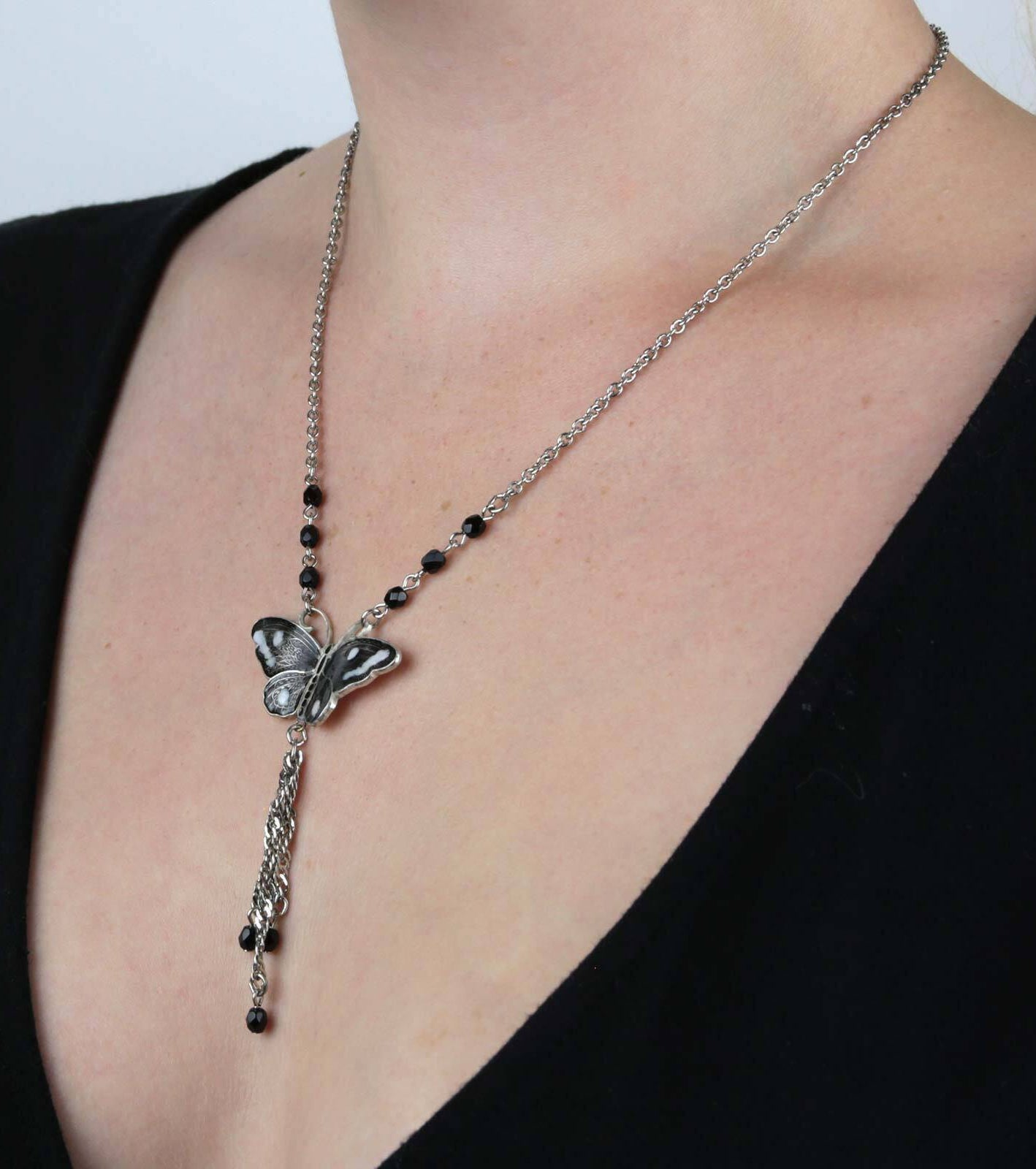 1928 Jewelry Enamel Butterfly Tassel Necklace 16" + 3" Extender