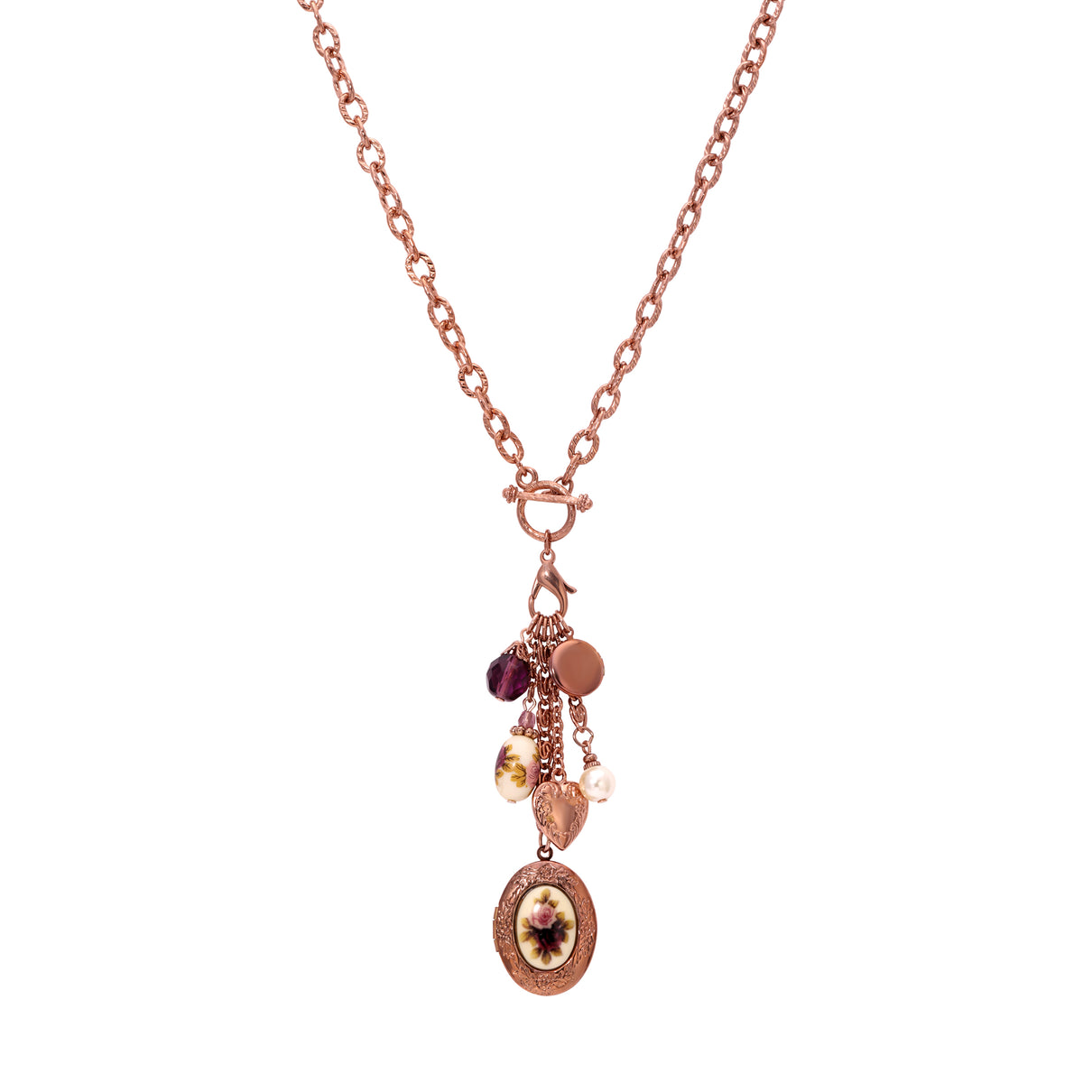 Manor House Pink Purple Rose Crystal Heart And Locket Charm Toggle Necklace 20"