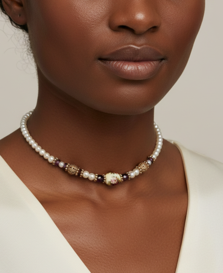Faux pearl floral necklace with gold accents worn by a model against a neutral background.