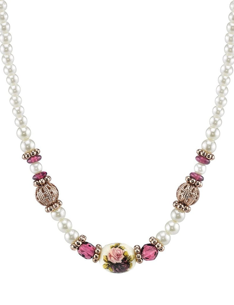 1928 Jewelry Manor House 4mm Faux Pearl Strand Amethyst Crystal Filigree Puff Ball Necklace 15" + 3" Extender