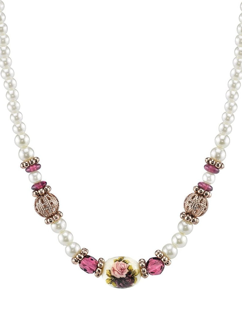 1928 Jewelry Manor House 4mm Faux Pearl Strand Amethyst Crystal Filigree Puff Ball Necklace 15" + 3" Extender