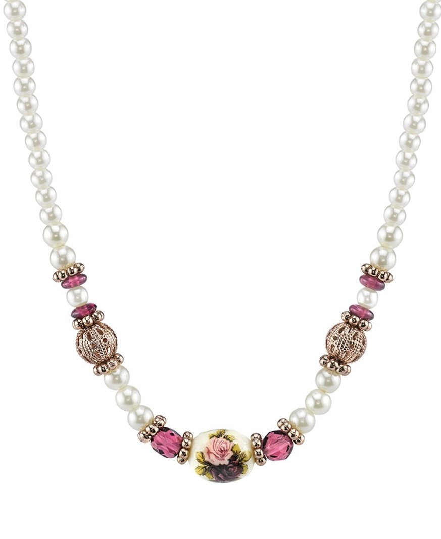 1928 Jewelry Manor House 4mm Faux Pearl Strand Amethyst Crystal Filigree Puff Ball Necklace 15" + 3" Extender