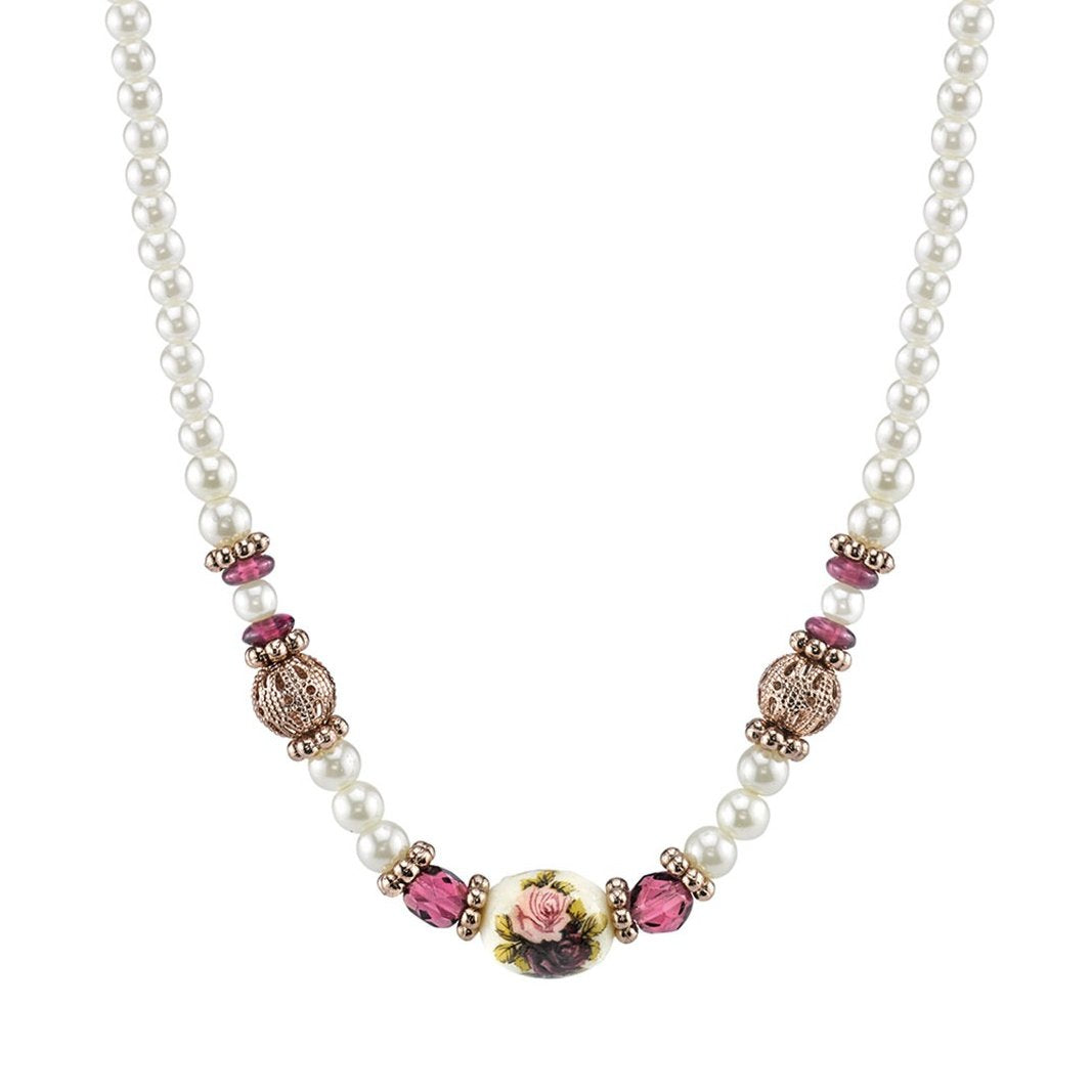 1928 Jewelry Manor House 4mm Faux Pearl Strand Amethyst Crystal Filigree Puff Ball Necklace 15" + 3" Extender