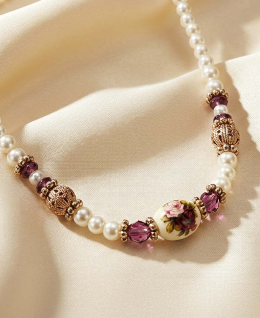 Faux pearl necklace with purple and gold beads on a beige fabric background.