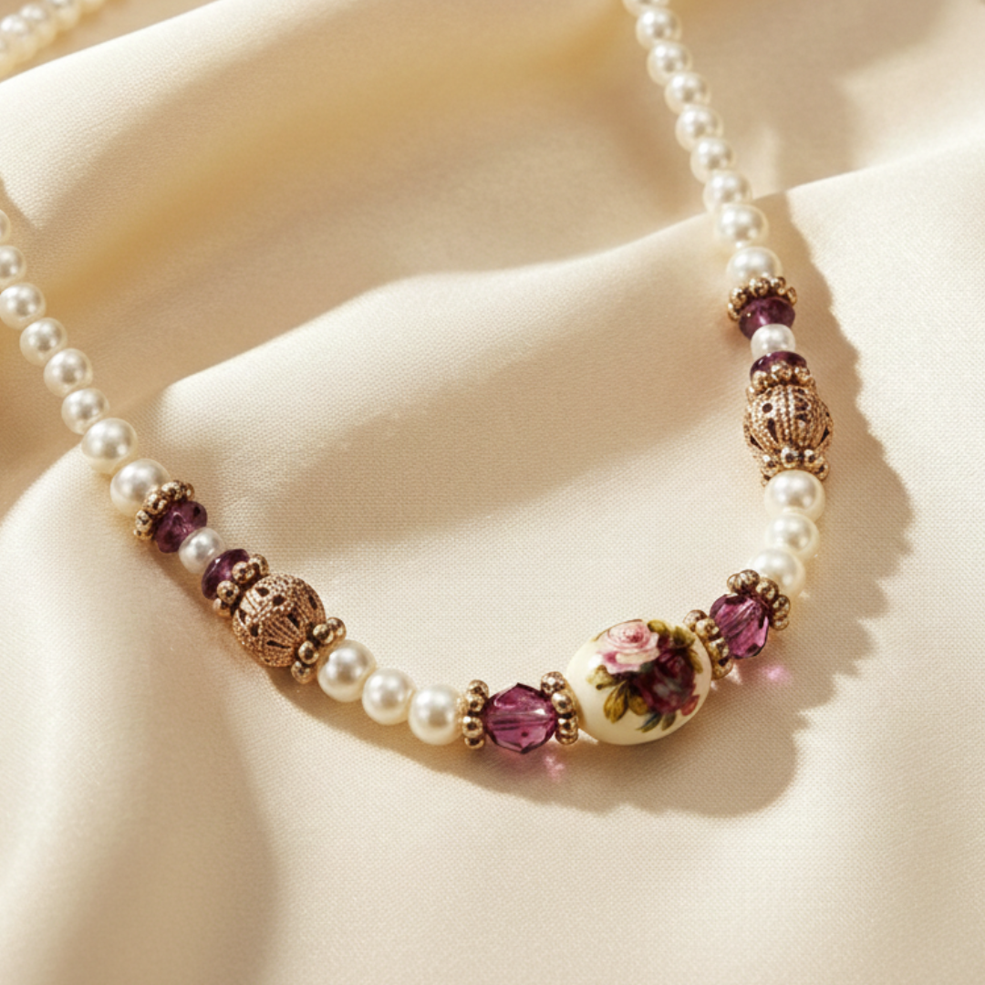 Faux pearl necklace with purple and gold beads on a beige fabric background.