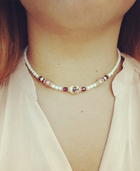 1928 Jewelry Manor House 4mm Faux Pearl Strand Amethyst Crystal Filigree Puff Ball Necklace 15" + 3" Extender