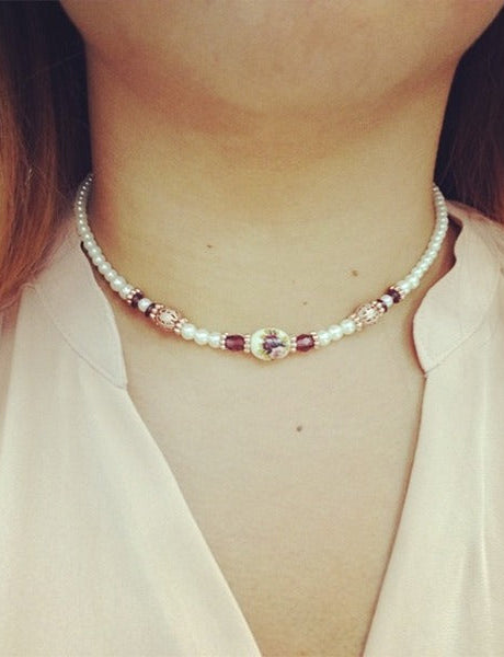 1928 Jewelry Manor House 4mm Faux Pearl Strand Amethyst Crystal Filigree Puff Ball Necklace 15" + 3" Extender