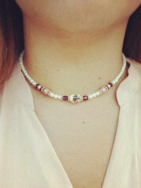 1928 Jewelry Manor House 4mm Faux Pearl Strand Amethyst Crystal Filigree Puff Ball Necklace 15" + 3" Extender