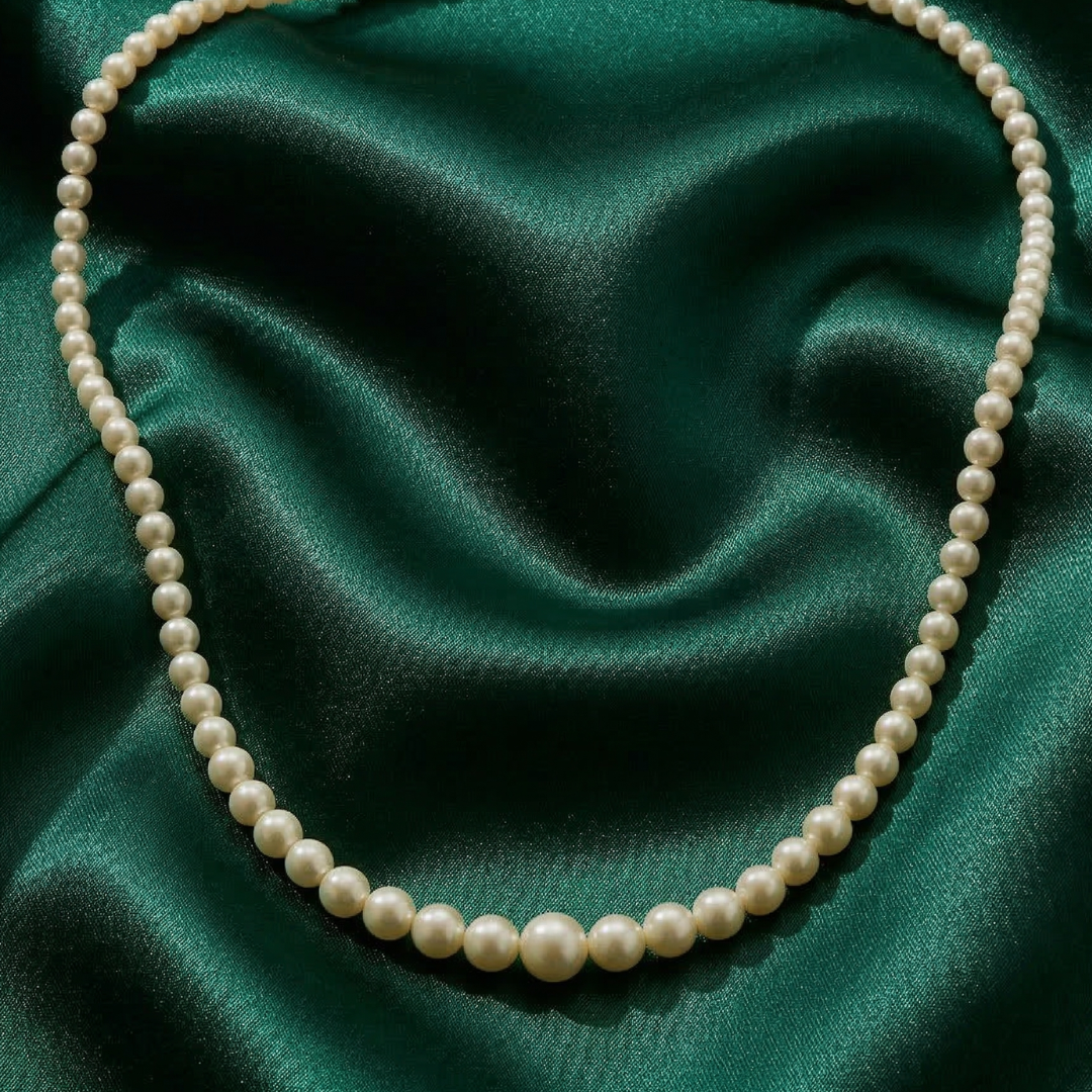 Faux pearl necklace on a green satin fabric