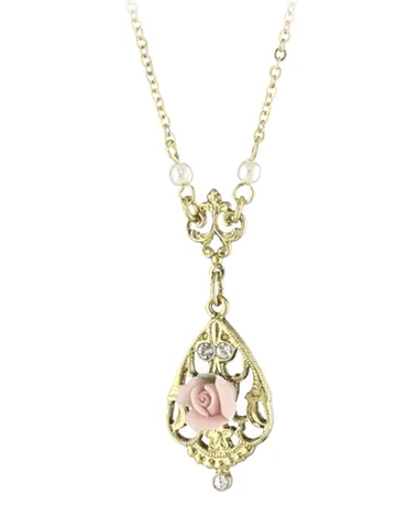 1928 Jewelry Porcelain Rose With Crystal Accent Pendant Necklace 17"