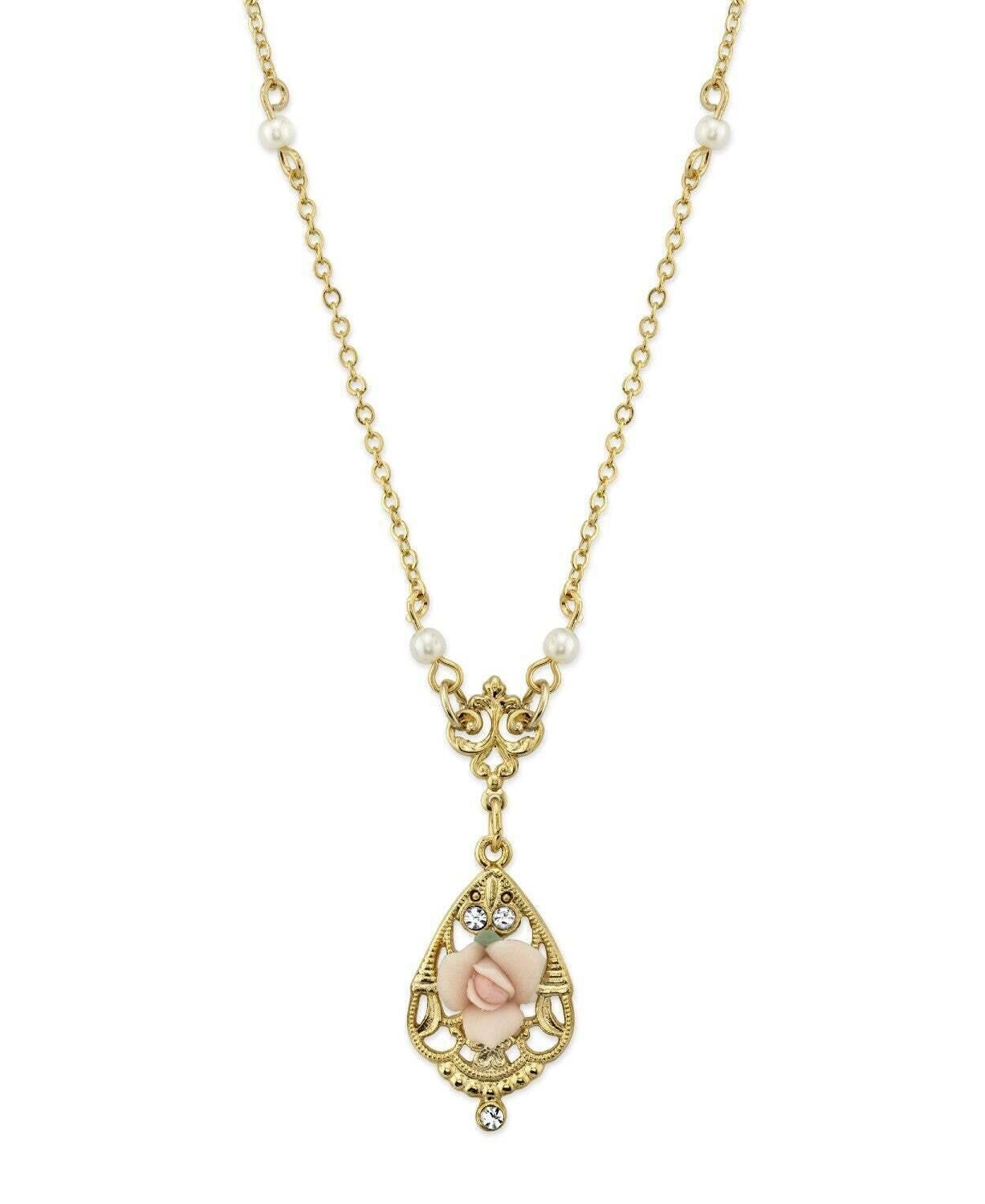 1928 Jewelry Porcelain Rose With Crystal Accent Pendant Necklace 17"