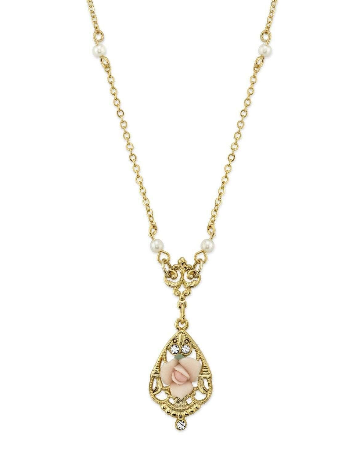 1928 Jewelry Porcelain Rose With Crystal Accent Pendant Necklace 17"