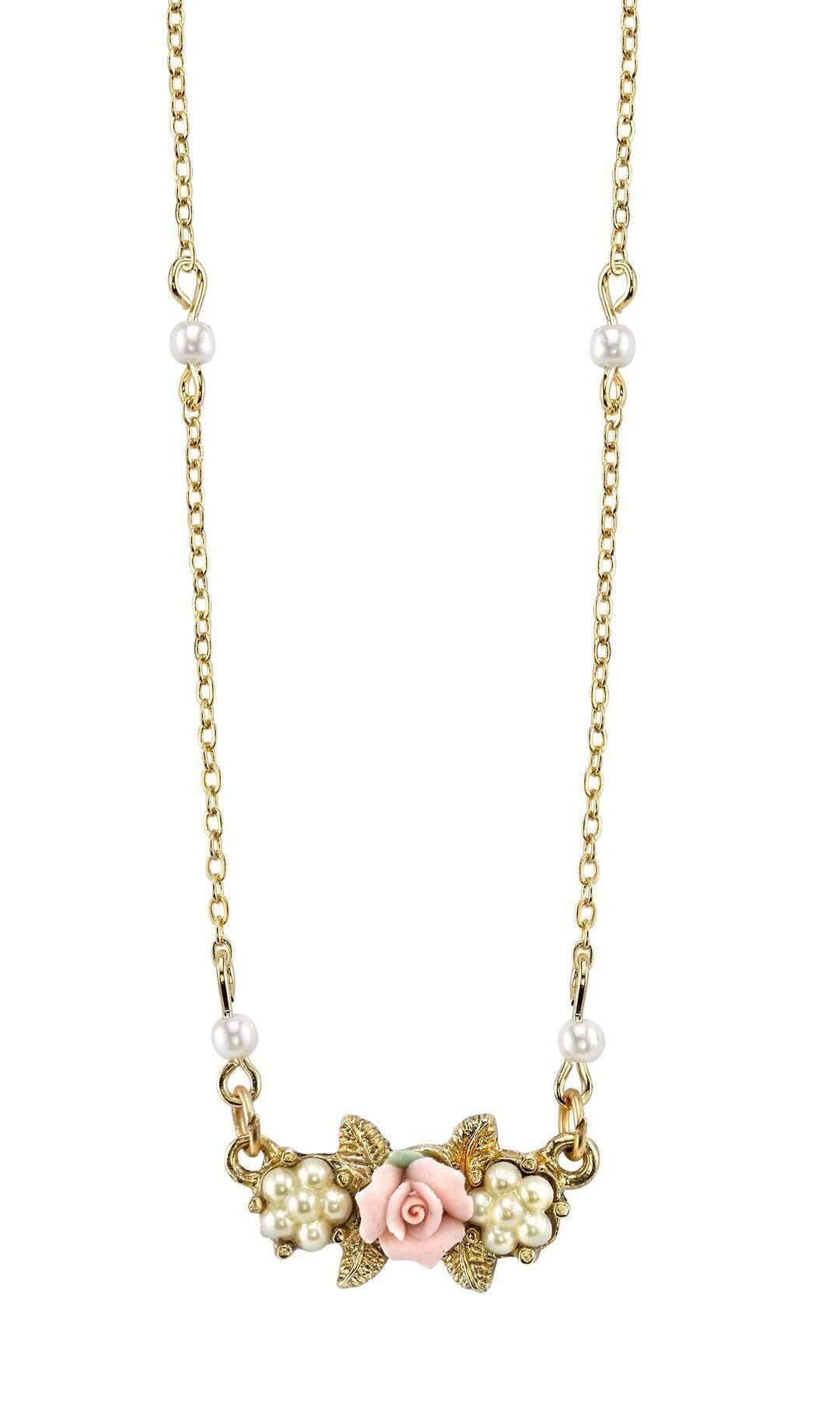 1928 Jewelry Faux Pearl Pink Porcelain Rose Pendant Necklace 16" + 3" Extender