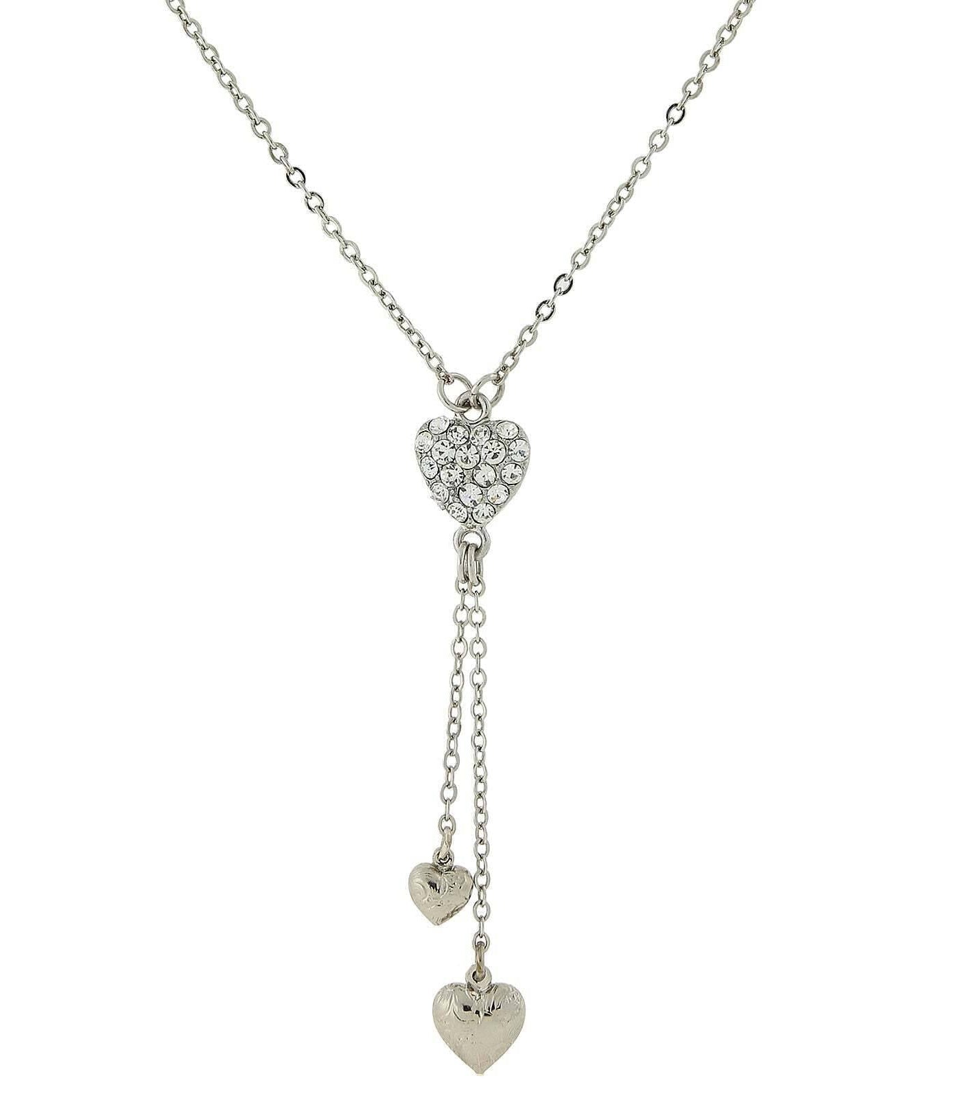 1928 Jewelry Crystal Heart Pendant & Tassel Drops Necklace 16" + 3" Extension