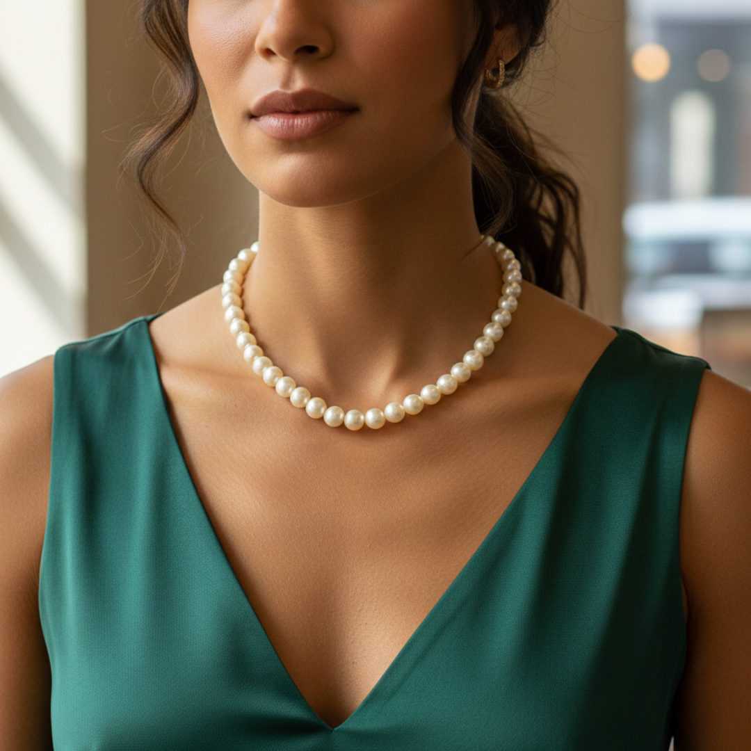 Woman wearing a faux pearl necklace and green dress indoors