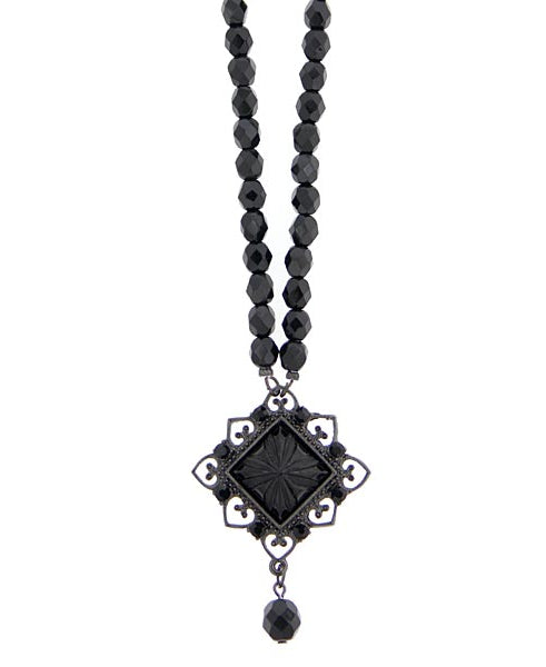 2028 Jewelry Black Square Beaded Pendant Necklace 15" + 3" Extender