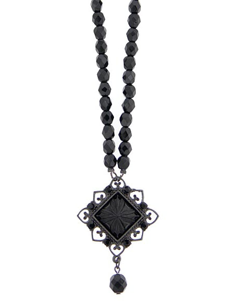 2028 Jewelry Black Square Beaded Pendant Necklace 15" + 3" Extender