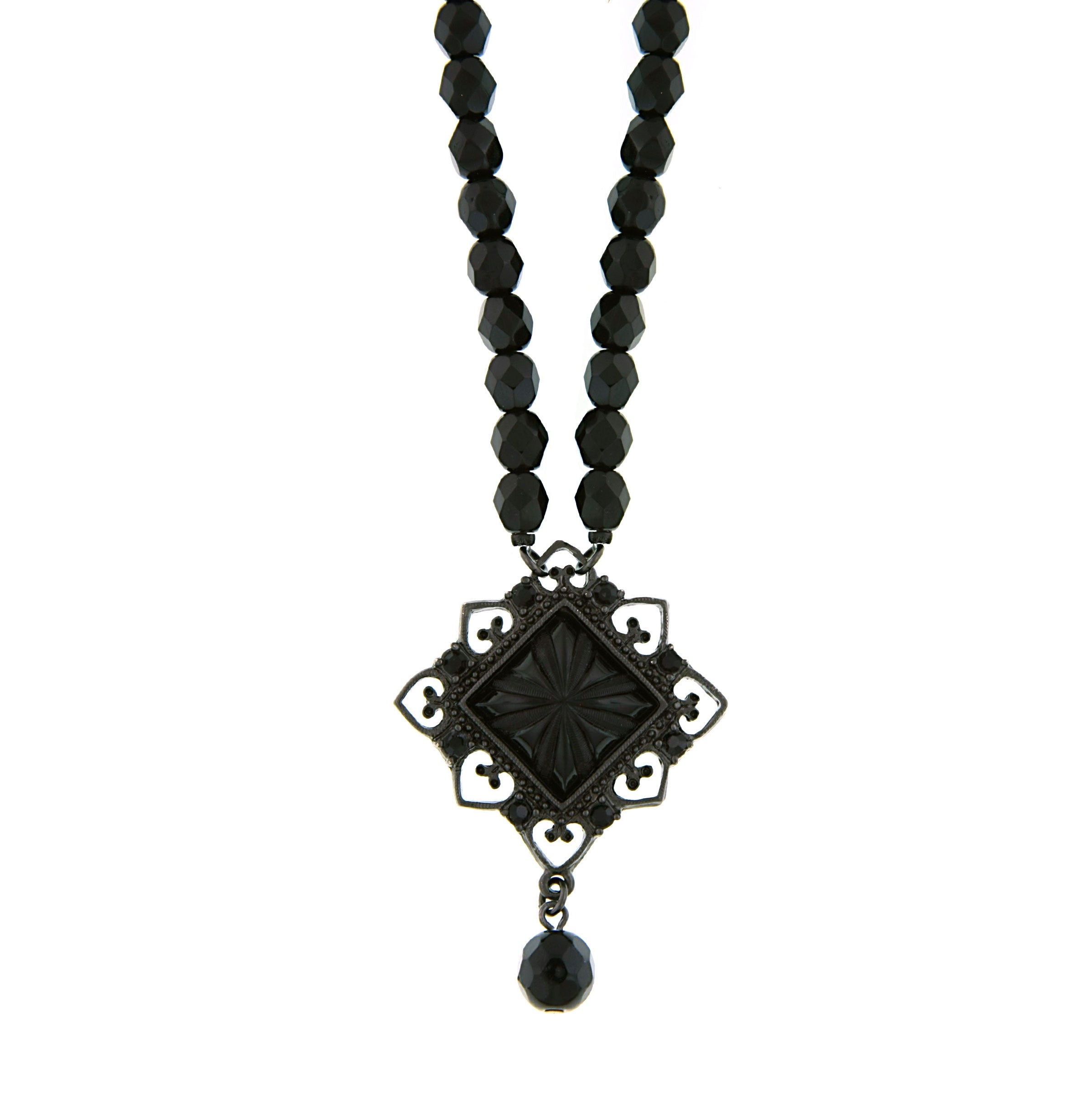 2028 Jewelry Black Square Beaded Pendant Necklace 15" + 3" Extender