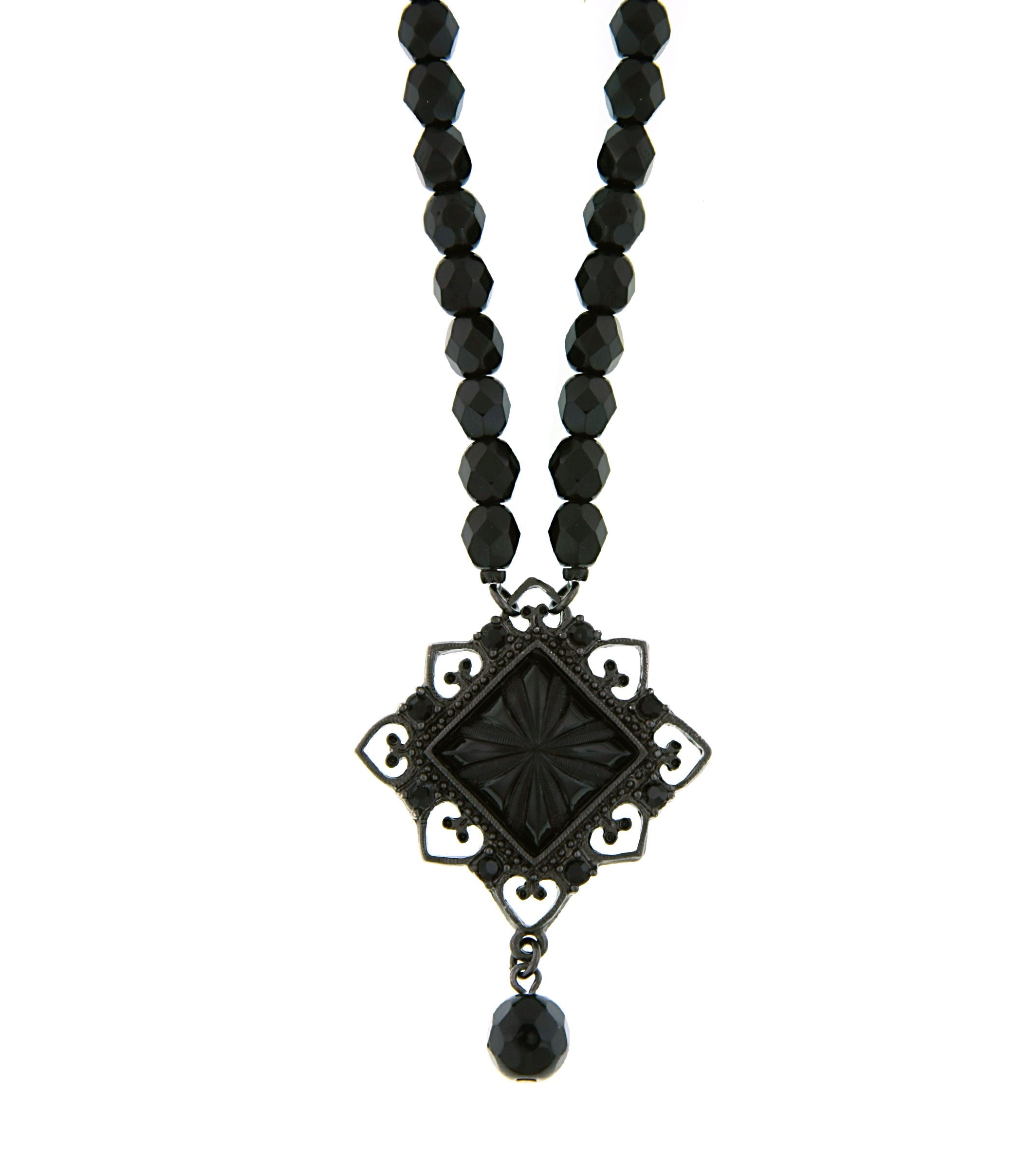 2028 Jewelry Black Square Beaded Pendant Necklace 15" + 3" Extender
