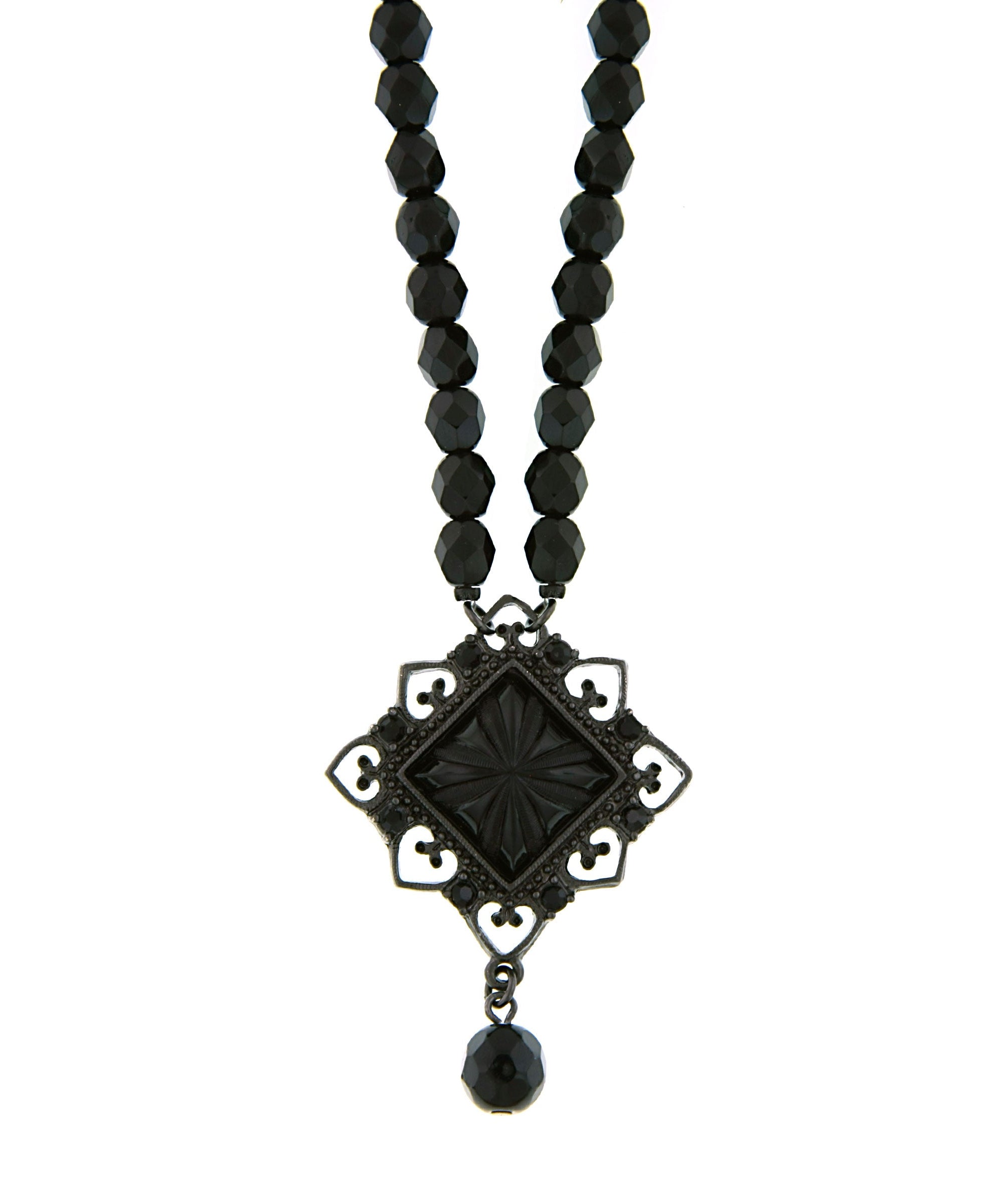 2028 Jewelry Black Square Beaded Pendant Necklace 15" + 3" Extender