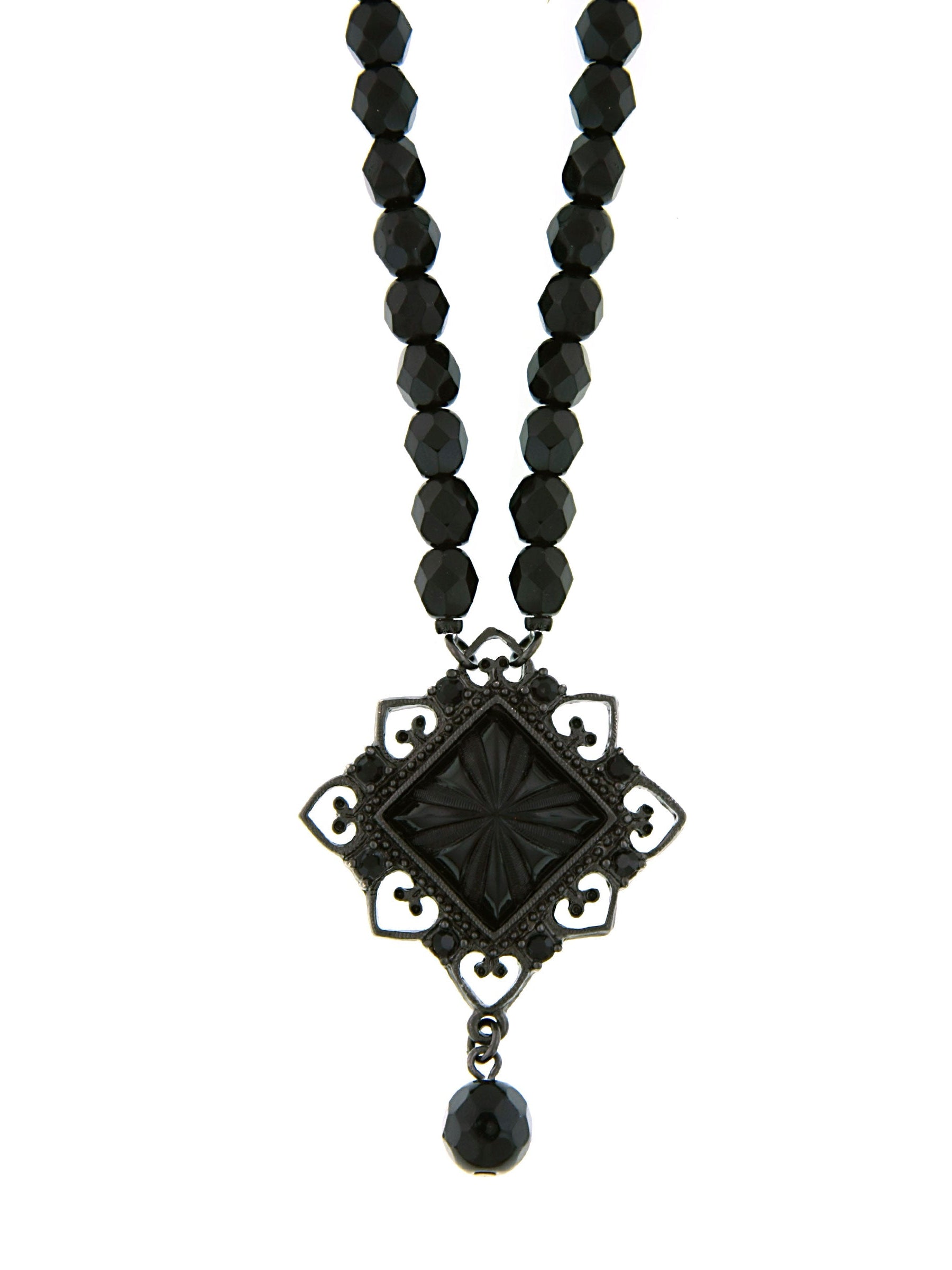 2028 Jewelry Black Square Beaded Pendant Necklace 15" + 3" Extender