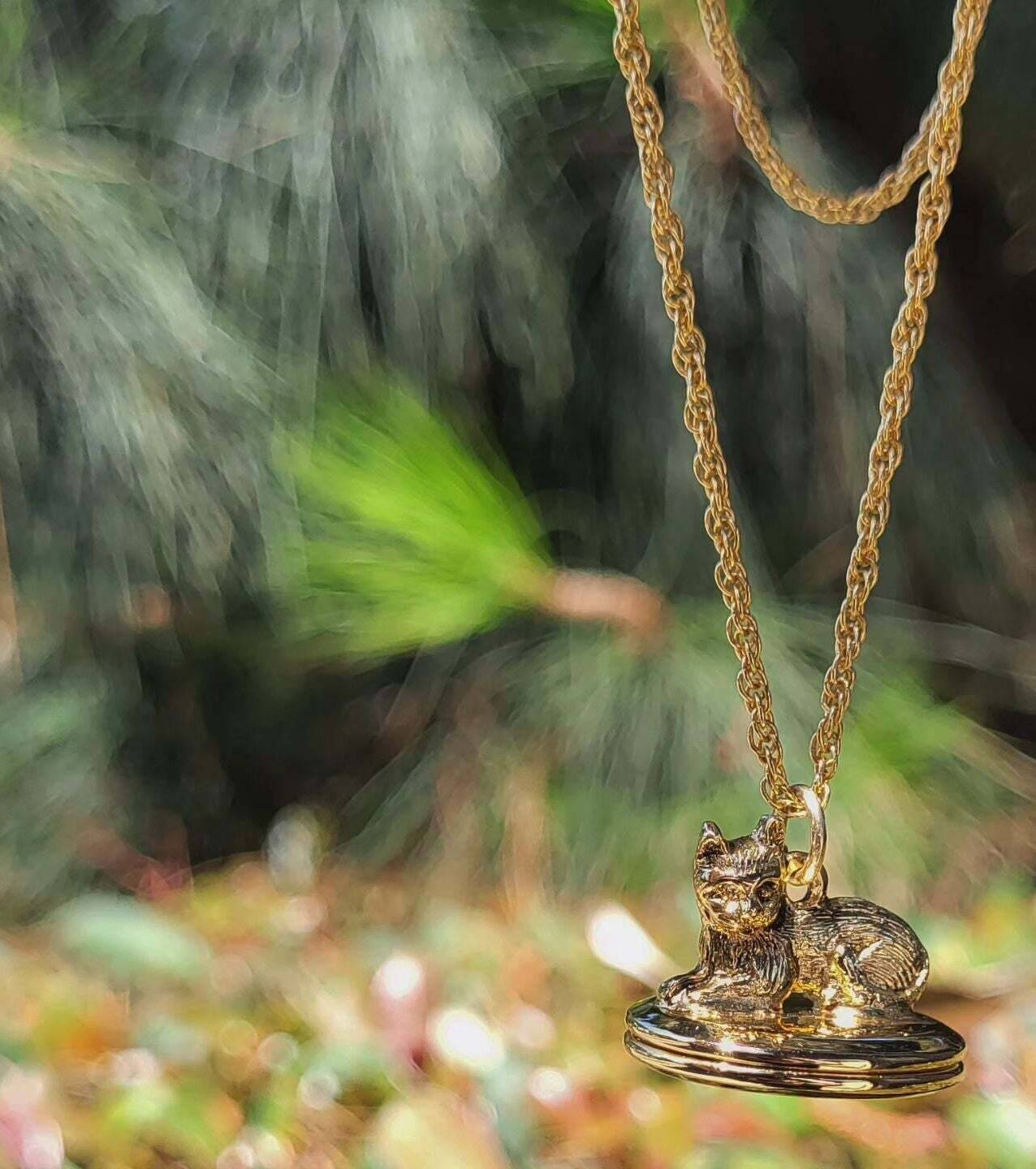 1928 Jewelry Gold Perched Cat Double Photo Locket Necklace 28"