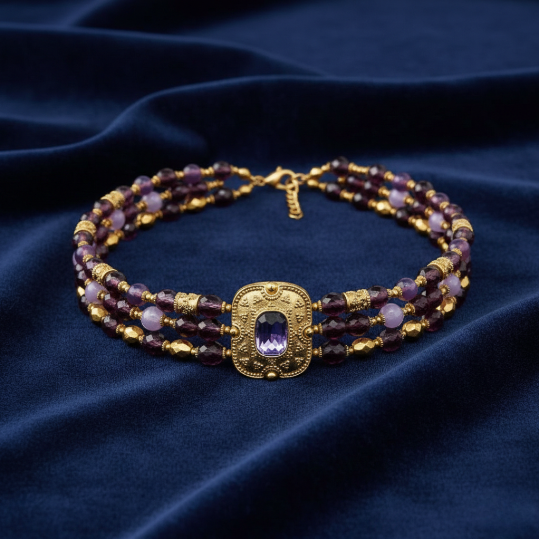 Beaded bracelet with gold clasp and purple gemstone on a dark blue fabric background